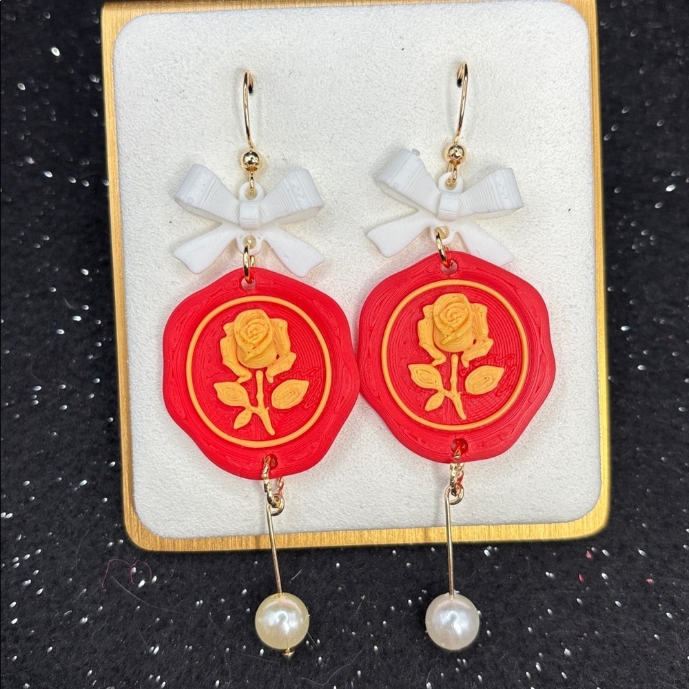 Red Postage Stamp Rose Earrings with Bow & Pearl Drop - Picture 3 of 3